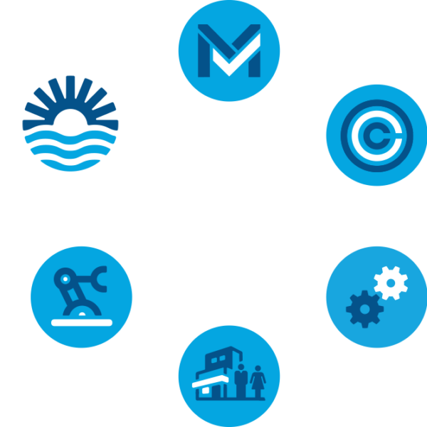 icons orbiting logo graphic