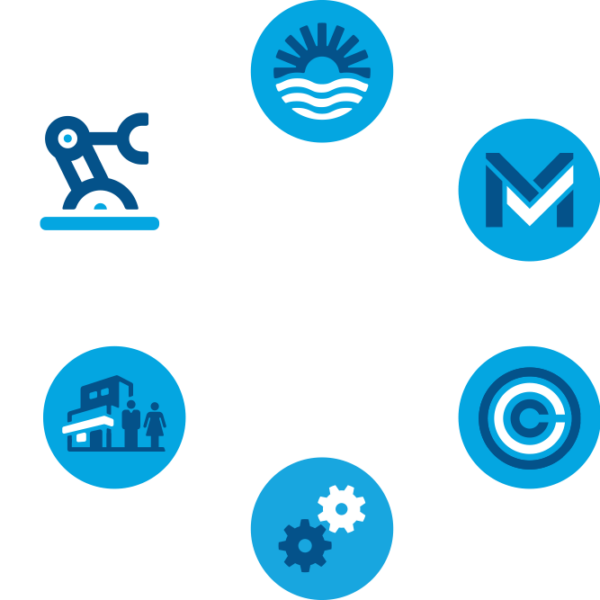 icons orbiting logo graphic