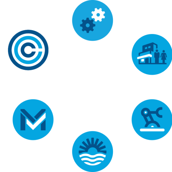 icons orbiting logo graphic