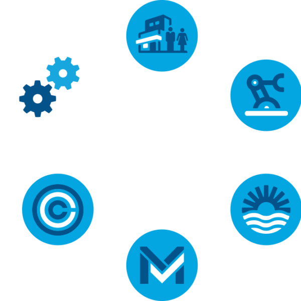 icons orbiting logo graphic