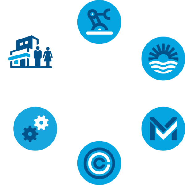 icons orbiting logo graphic