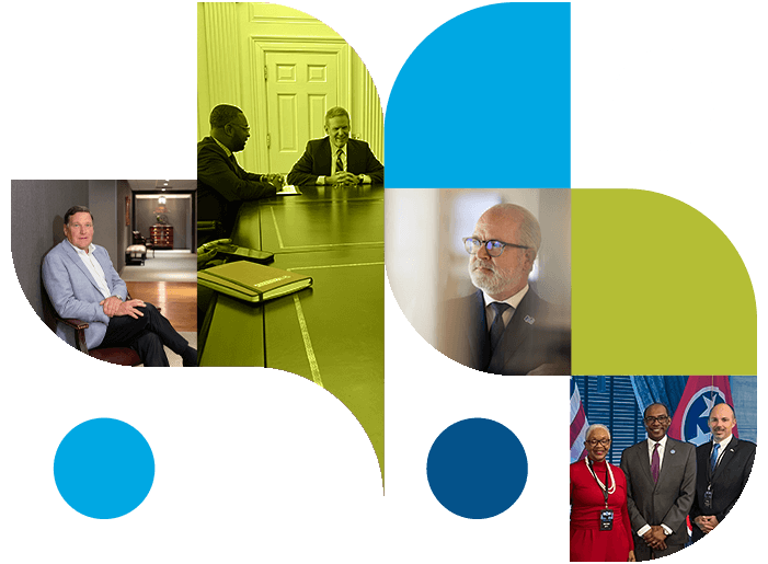 Mosaic of shapes and photos with images representing advocacy