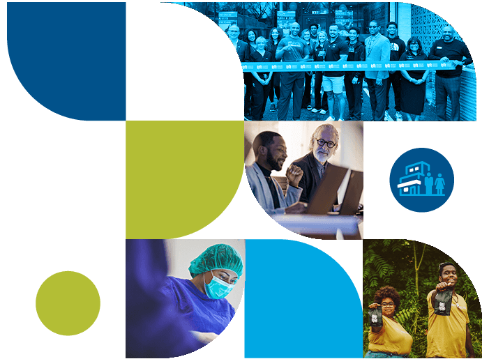 Mosaic of shapes and photos with images representing business support