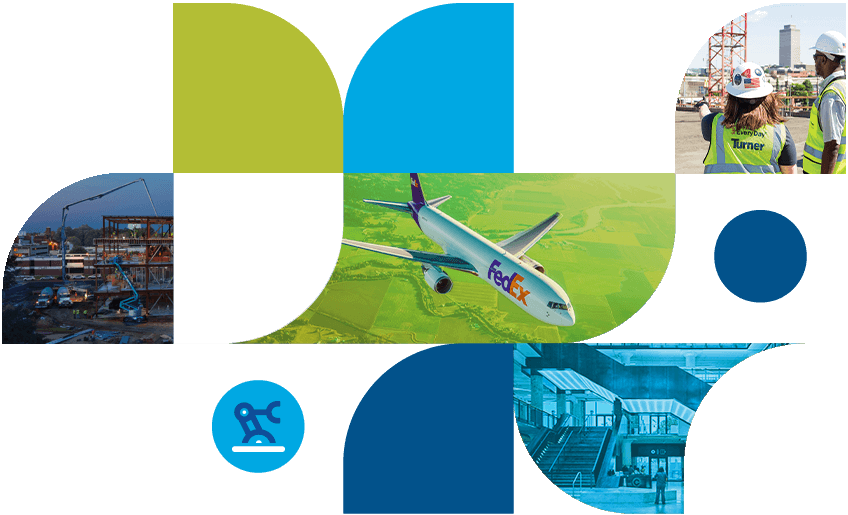 Mosaic of shapes and photos with images representing economic development