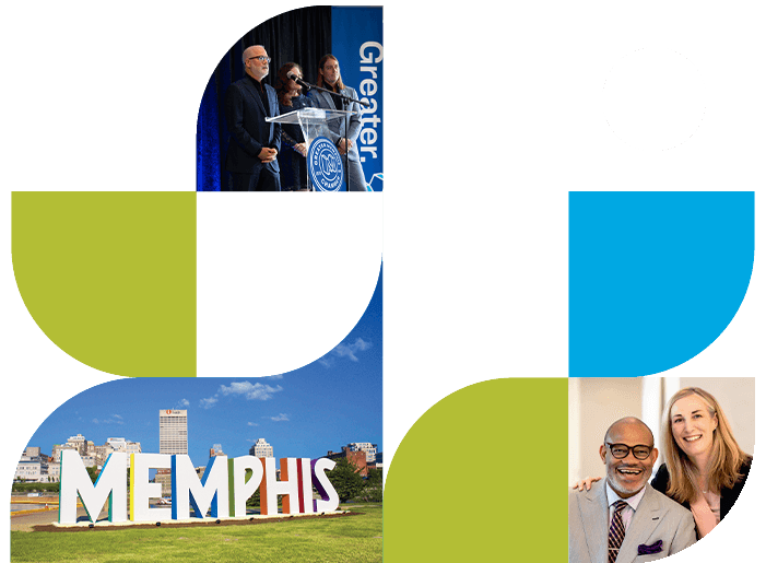 Mosaic of shapes and photos with Memphis and chamber imagery