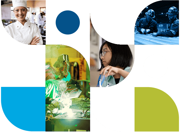 Mosaic of shapes and photos with images representing workforce